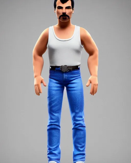 Image similar to full body 3 d render of freddie mercury, white tank top blue jeans as a funko pop!, four, studio lighting, white background, single body, no shadow, blender, trending on artstation, 8 k, highly detailed