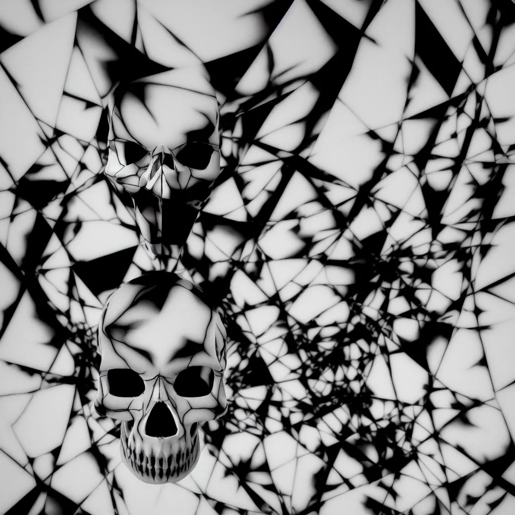 Image similar to black and white light 3D geometry, skull, matte bright highly detailed, poetic, 3D render, digital art, octane render, 8K artistic photography, photo-realistic, by Dora Maar