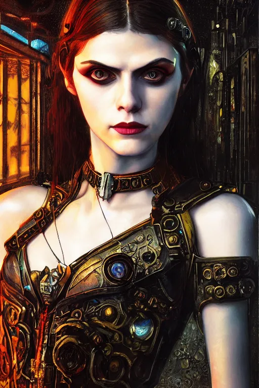 Image similar to portrait of beautiful gothic Alexandra Daddario, cyberpunk, Warhammer, highly detailed, artstation, illustration, art by Gustav Klimt