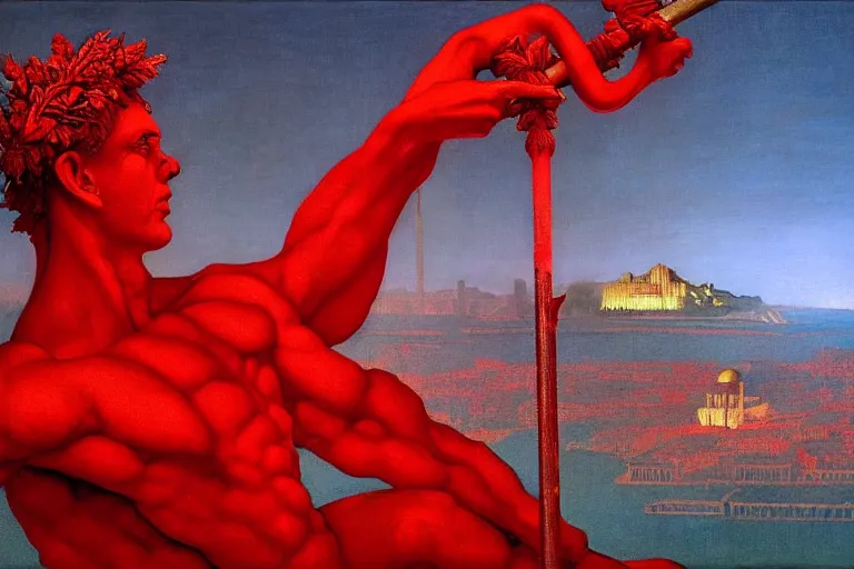 Image similar to only with red, a red melted apollo with a laurel wreath and a flaming sword announce win, athens in background, in the style of beksinski, parts by edward hopper, parts by rodcenko, parts by yue minjun, intricate and epic composition, red by caravaggio, insanely quality, highly detailed, masterpiece, red light, artstation, 4 k