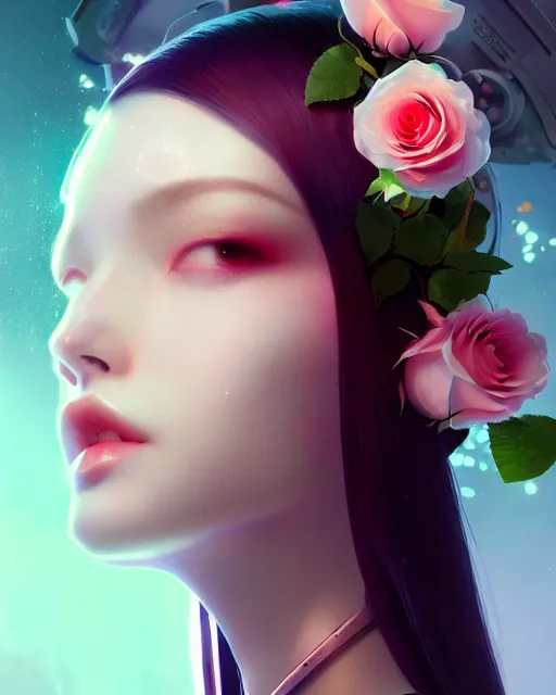 Image similar to perfect android girl, roses in hair, cyborg, flowers, metallic surface, cinematic lighting, garden, utopia, beautiful girl, kim hyun joo, advanced technology, futuristic, art by ilya kuvshinov and akiko takase and eugene gottsnake and stanislav istratov and su fu and antoine collignon