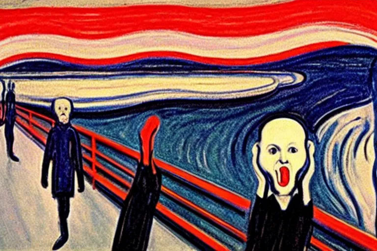 Prompt: Edvard Munch's 'kanye west in the style of the scream', painting, expressionism, music notes, music notes, (((((kanye west))))