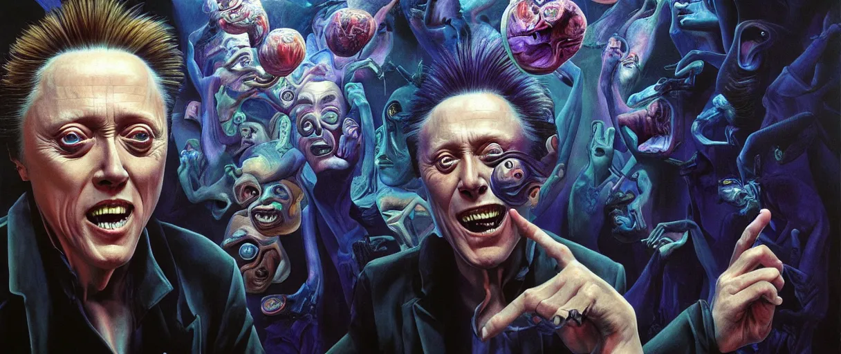 Image similar to neo-surrealist painting of young christopher walken pointing and laughing at me concept art wayne barlowe hannah yata very dramatic lighting 8k wide angle shallow depth of field