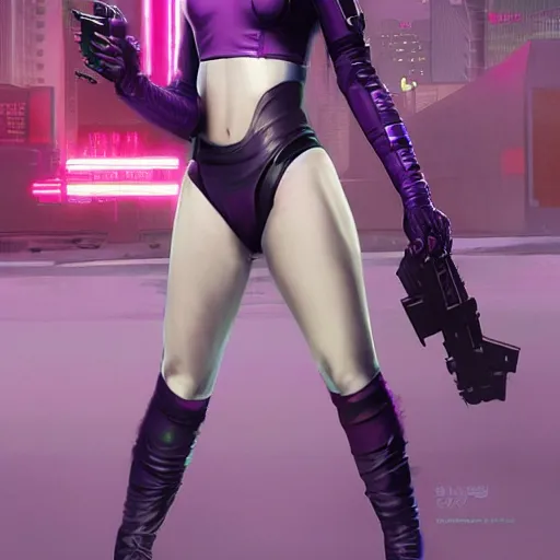 Prompt: Korean cyberpunk female, Cyberpunk 2077 night city gang member with purple bodysuit and knee high boots, trending on artstation by Ruan Jia and Mandy Jurgens and Artgerm and