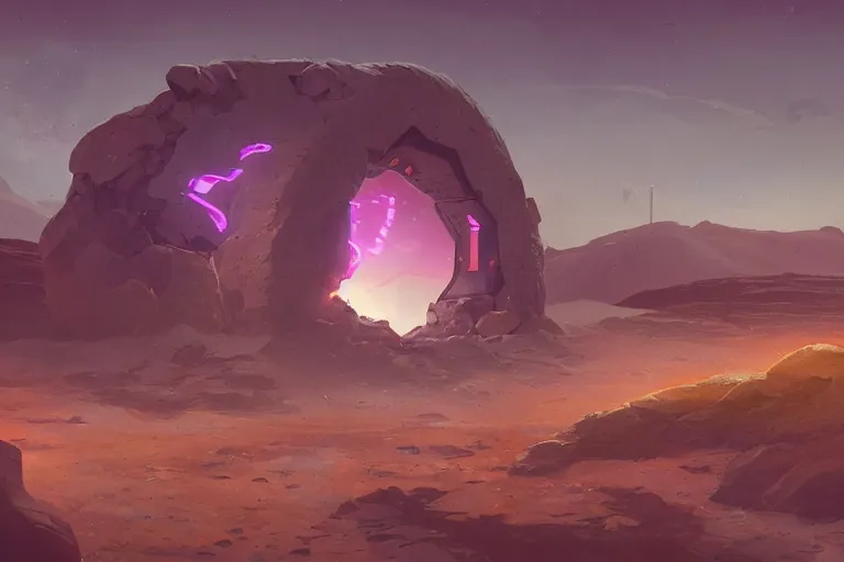 Image similar to a single distant fleshy glowing portal opens up in an otherwise dark and desolate landscape : retro, sci - fi, concept art