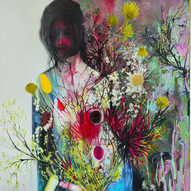 Image similar to “ a portrait in a female art student ’ s apartment, australian wildflowers, sensual, queer woman, flax, flannel flower, bottlebrush, eucalyptus, art supplies, a candle dripping white wax, clay, squashed berries, berry juice drips, acrylic and spray paint and oilstick on canvas, surrealism, neoexpressionism ”