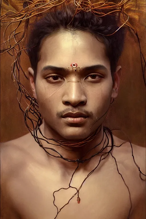 Image similar to hyperrealist portrait of indian elijah zu bailey, it is decorated with long wires that fall like vines and wears small computers over their body. by jeremy mann and alphonse mucha, fantasy art, photo realistic, dynamic lighting, artstation, poster, volumetric lighting, very detailed faces, 4 k, award winning