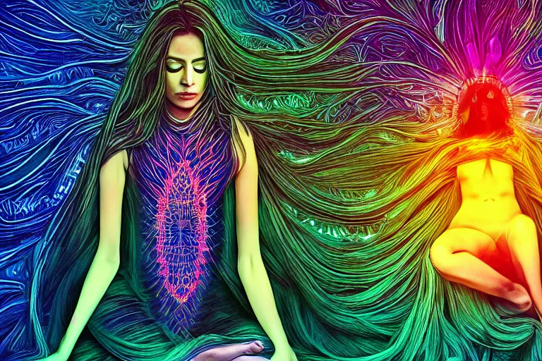 Prompt: Detailed, Electromagnetic Field DMT LSD, Beautiful Woman in Flowing Robe with Very Long Hair Meditating, realistic, high resolution, detailed reflection, detailed lighting, vivid ultraviolet colors, by Nixeu, by Hannes Bok