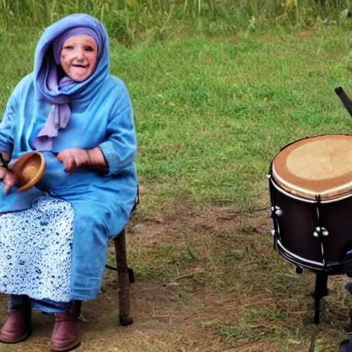 Image similar to a babushka playing drums while sitting on a wildebeest