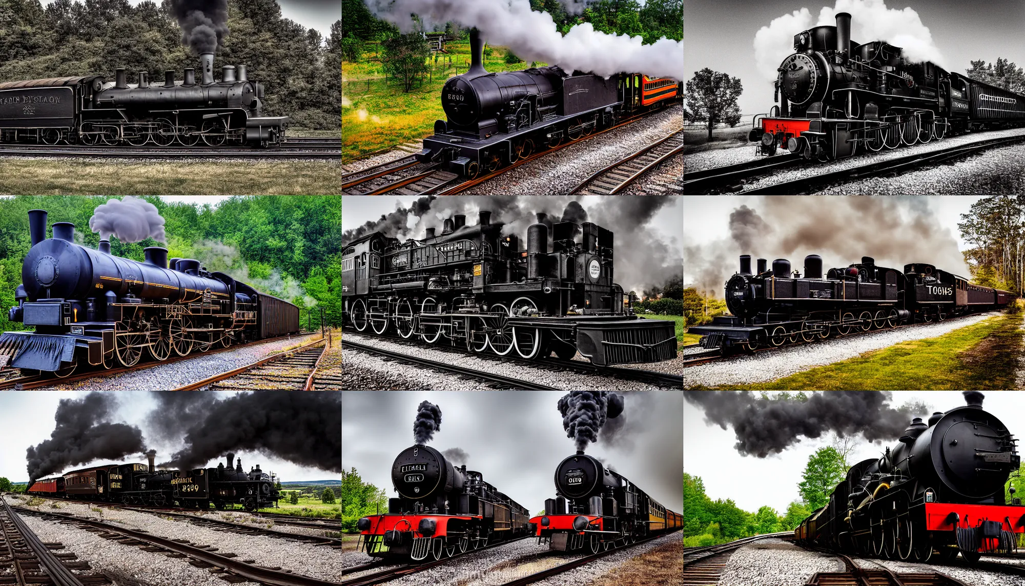 Prompt: restored black steam locomotive travelling on train tracks, photograph, short exposure, motion blur