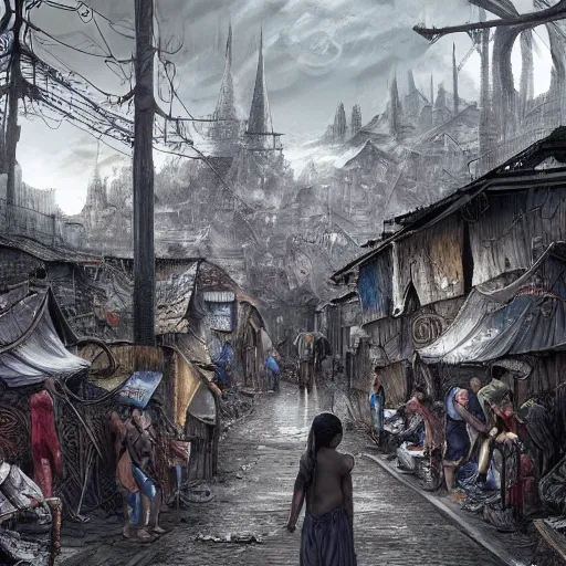 Prompt: slum neighborhood in lord of the ring world, on artgerm style, hyperrealistic content, high definition content, intricate, delete duplicate content, justify content center, 5 dark tone colors