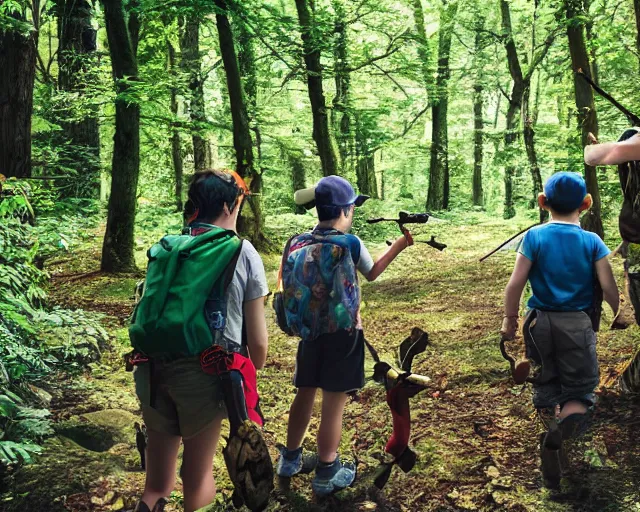 Prompt: a hunting party going hunting for pokemon in the forest with bows