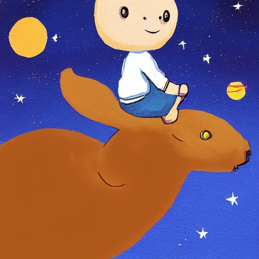 Image similar to digital painting of a boy riding a magical flying capybara in space