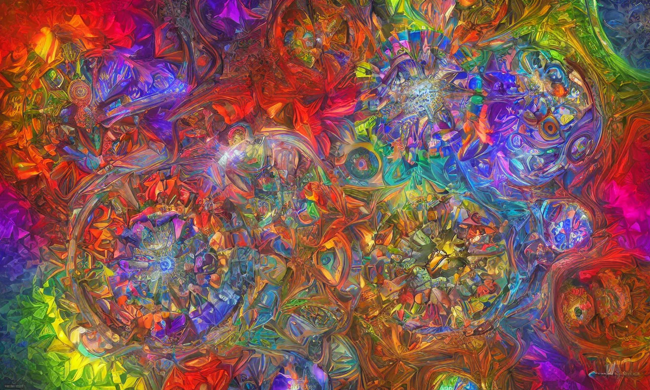 Image similar to voronoi engine laboratory 3 d volume kaleidoscope mandala fractal chakra digital multicolor stylized concept substance by artgerm, rossdraws, norman rockwell, magali villeneuve, gil elvgren, alberto vargas, earl moran, enoch bolles radiating a glowing aura global illumination ray tracing hdr