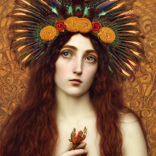 Prompt: Beautiful Pre-Raphaelite goddess of wearing an intricate crow headdress, in the style of John William Godward and Anna Dittman, close-up portrait, porcelain skin, head in focus, flowers and plants, etheric, moody, intricate, mystical,