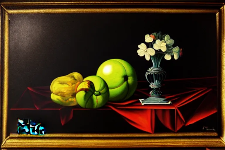 Image similar to a vanitas painting depicting an NVIDIA RTX A100 GPU, graphics card