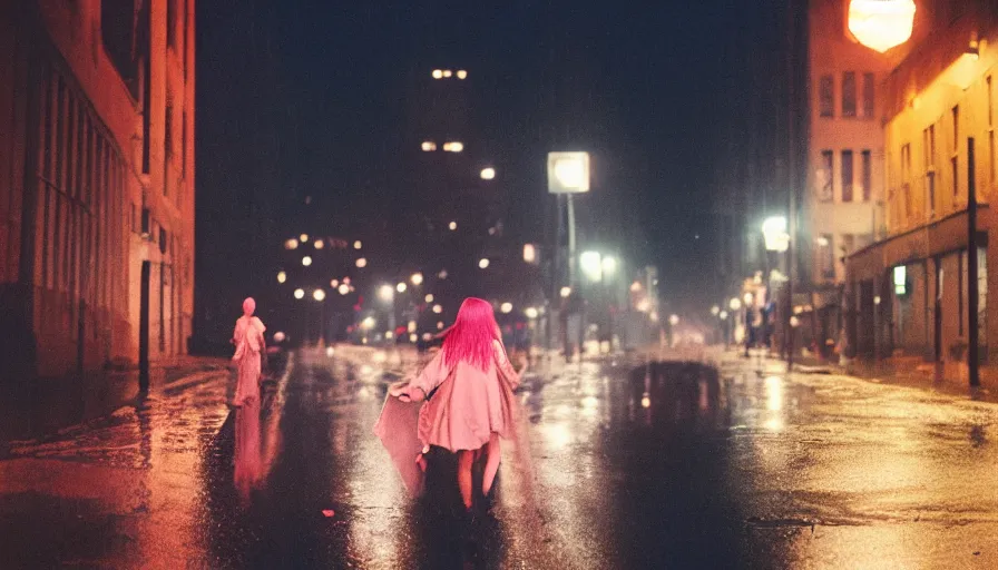 Image similar to street of philadelphia, photography, night, rain, mist, a girl with pink hair, cinestill 8 0 0 t, in the style of william eggleston