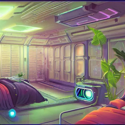 Prompt: a futuristic room in a space station, a large bed and screens, lush plants, a colorful nebula can be seen through a window, messy, warm and happy lighting, trending on Artstation, very detailed, Gigapixel