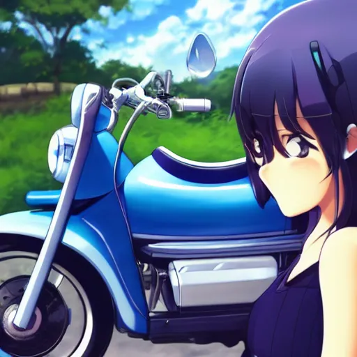 Image similar to close up of a high definition anime girl in a blue honda c90 with armenia quindio in the background , Artwork by Makoto Shinkai, pixiv, 8k, official media, wallpaper, hd