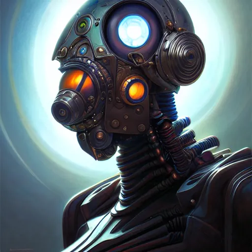 Image similar to front shot of a cyberpunk gazmask robot character, intricate, elegant, highly detailed, centered, digital painting, artstation, concept art, smooth, sharp focus, illustration, artgerm, Tomasz Alen Kopera, Peter Mohrbacher, donato giancola, Joseph Christian Leyendecker, WLOP, Boris Vallejo