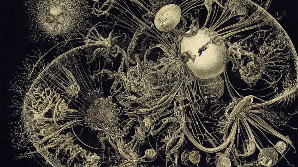 Prompt: a beautiful dreamy painting of a coronavirus inside a broken television screen, alien, dark, sinister, detailed, high contrast, art by Ernst Haeckel and Matt Lombardi