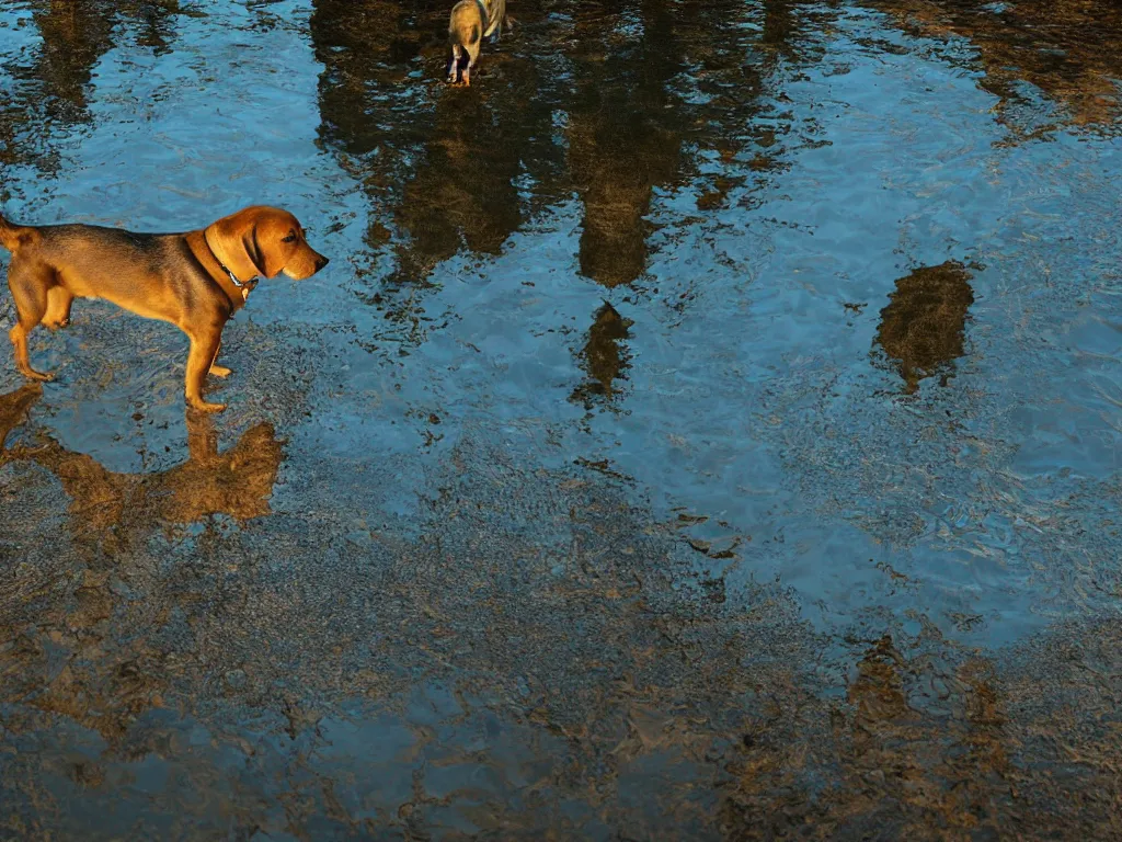 Prompt: a dog looking down at its reflection in water, ripples, river, beautiful!!!!!! swiss forest, photograph, golden hour, octane render, high resolution