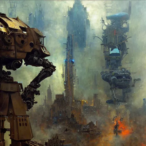 Image similar to six meters tall mech fighting in an urban environment, epic action scene, by gaston bussiere craig mullins jc leyendecker gustav klimt artgerm greg rutkowski john berkey, bergey, craig mullins, ruan jia, raymond swanland, jeremy mann, tom lovell, alex malveda, ray casting, hdr