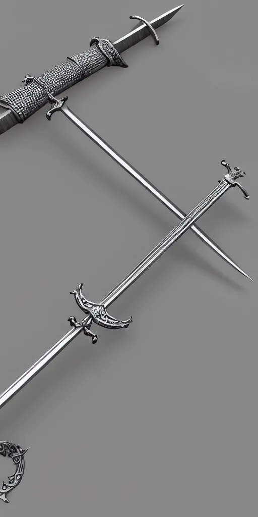 Image similar to a 3d model of a long sword, positioned vertically in the center, with dragon like handle