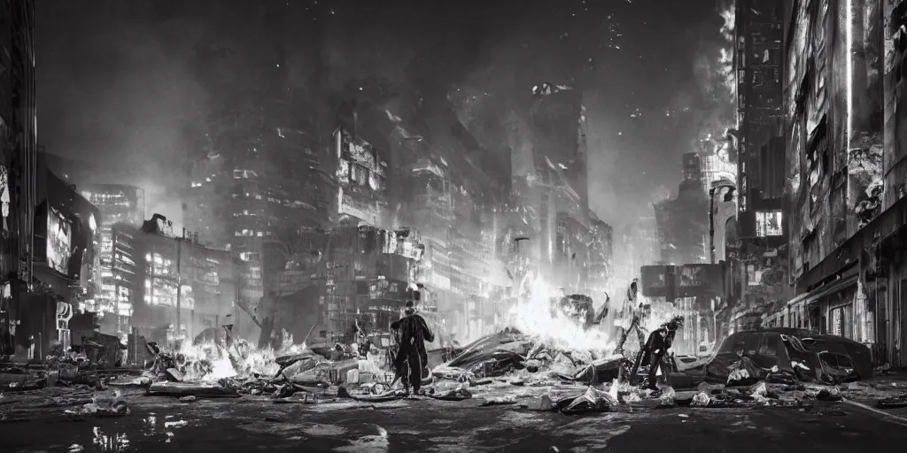 Prompt: post apocalyptic city, revolutionary punk masked up punk, fire, damaged, trash, medium shot, by liam wong
