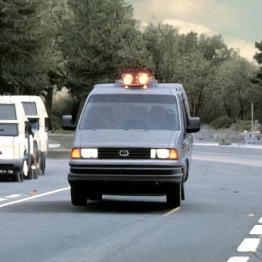 Image similar to terry a davis chasing green glowing fbi agents in his grey van