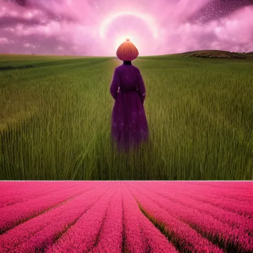 Image similar to giant pink daisy flower over head, girl walking in wheat field, hills, surreal photography, dark night, star trails, dramatic light, impressionist painting, clouds, digital painting, artstation, simon stalenhag