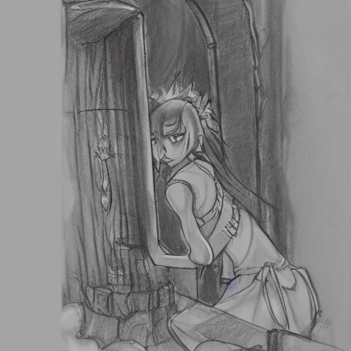 Prompt: A girl open a portal to a fantasy world, manga sketch