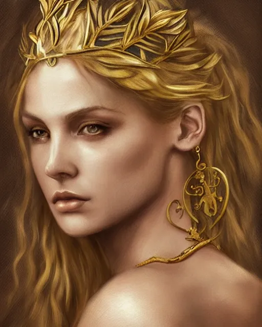 Image similar to tattoo sketch of beautiful super model aphrodite greek goddess wearing a gold laurel wreath and triangle earrings, beautiful piercing gaze with sharp pupils, beautiful blonde hair, in the style of greg rutkowski, fantasy, amazing detail, epic, elegant, smooth, sharp focus, front view