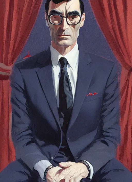 Prompt: full - length portrait of gregory peck, dressed in a navy blue suit with silver embroidered details, detailed face, fantasy, cinematic lighting, digital art painting, fine details by realistic shaded lighting poster by ilya kuvshinov katsuhiro otomo, magali villeneuve, artgerm, jeremy lipkin and michael garmash and rob rey