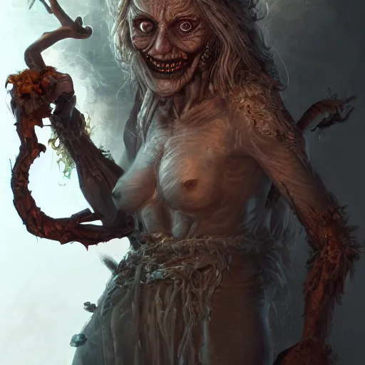 Prompt: old crone, rotted teeth, offering putrid worm, full body, mystical, volumetric lighting, super detailed intricate, in the style of Filipe Pagliuso on Artstation