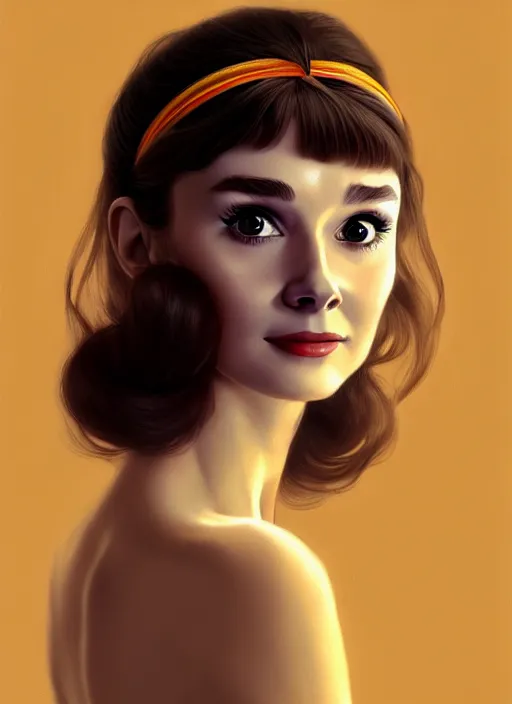 Prompt: portrait of young audrey hepburn with bangs, 1 9 7 0 s, long hair, groovy hairband, bangs, intricate, elegant, glowing lights, highly detailed, digital painting, artstation, concept art, smooth, sharp focus, illustration, art by wlop, mars ravelo and greg rutkowski