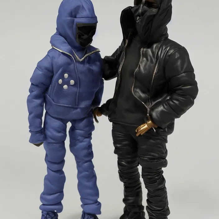 Image similar to a goodsmile figure of kanye west using a full face covering black mask, a small, tight, undersized reflective bright blue round puffer jacket made of nylon, dark jeans pants and big black balenciaga rubber boots, figurine, detailed product photo