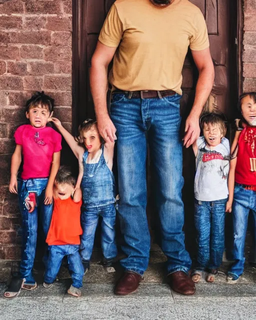 Image similar to a man with five children protecting a jeans and screaming