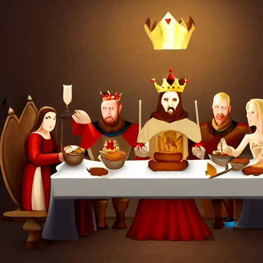 Prompt: medieval toast with king, queen and guests, deviantart, artstation, fantasy