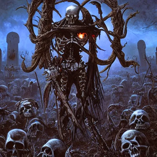 Prompt: a necromancer surrounded by skeletons raised from the dead in a spooky graveyard, horror, photorealistic, fantasy art, Larry Elmore, Jeff Easley, Frank Franzetta