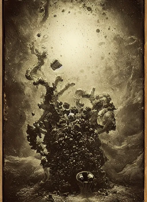 Image similar to old wetplate daguerreotype grafted demons, explosion of data fragments, fractal, intricate, elegant, highly detailed, parallax, leica, medium format, subsurface scattering, by jheronimus bosch and greg rutkowski and louis jacques mande daguerre