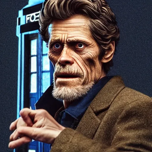 Prompt: willem dafoe as a rough dirty old man with a scruffy beard in a dark blue trenchcoat as the new doctor who, cinematic, volumetric lighting, f 8 aperture, cinematic eastman 5 3 8 4 film, photorealistic by greg rutkowski, by stanley artgerm, by alphonse mucha