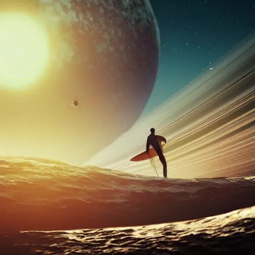 Prompt: shot from a distance of 5 0 yards a highly accurate depiction of a surfer floating near planet saturn. dramatic lighting, highly coherent, highly detailed, saturated, epic, digital art, valerian, fifth element, octane 3 d render, 8 k, 4 k, watercolor, flat brush