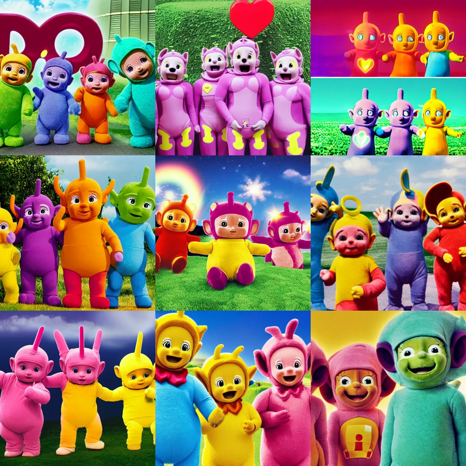 Prompt: teletubbies helping the red cross heal the needy with heart centered love lasers