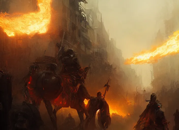 Prompt: knights look at the ruined world fire volumetric lighting, digital painting, highly detailed, artstation, sharp focus, illustration, concept art, ruan jia, steve mccurry, amazing composition