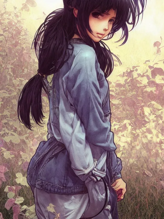 Prompt: full body picture of a blueberry neighborhood girl looking at the camera, cynical, bored, beautiful and aesthetic, intricate, unreal engine, messy hair, highly detailed, detailed face, smooth, sharp focus, chiaroscuro, manga illustration, artgerm, greg rutkowski, alphonse mucha, young adult light novel cover art