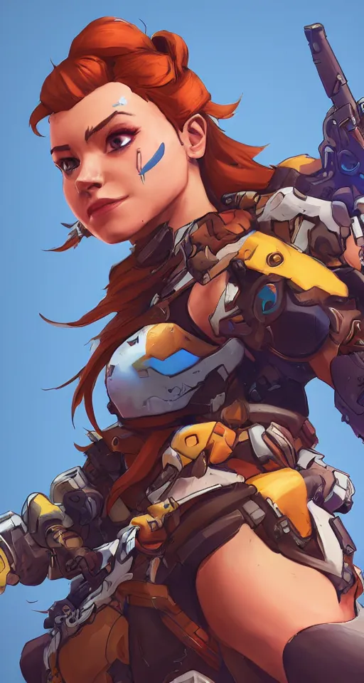 Image similar to one character, overwatch, brigitte, horizon zero dawn, aloy, digital art, high detailed, artstation