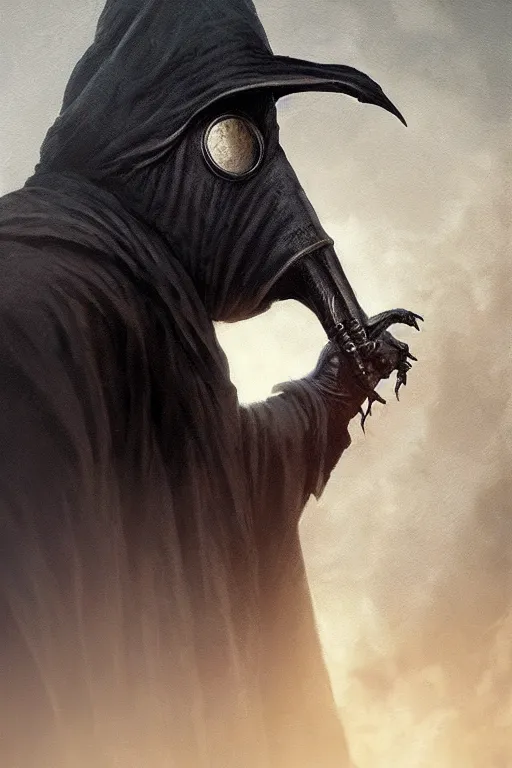 Image similar to A closeup of a Plague Doctor by Greg Rutkowski, Dan Mumford, Christophe Vacher, Bloodborne, 4k photorealistic, volumetric lighting, HD, high details, dramatic, dark atmosphere, trending on artstation