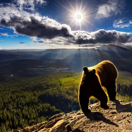 Image similar to A leprechaun fighting a bear at the top of a mountain, sun shines on them, harsh lighting, dramatic