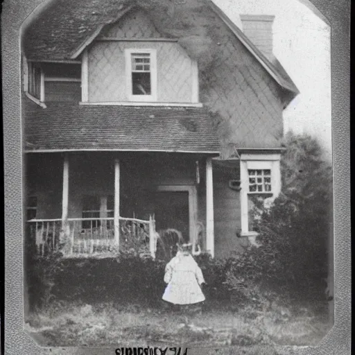 Prompt: A 1900's polaroid photograph of a spindley scary stick monster with bright eyes standing in front of a house
